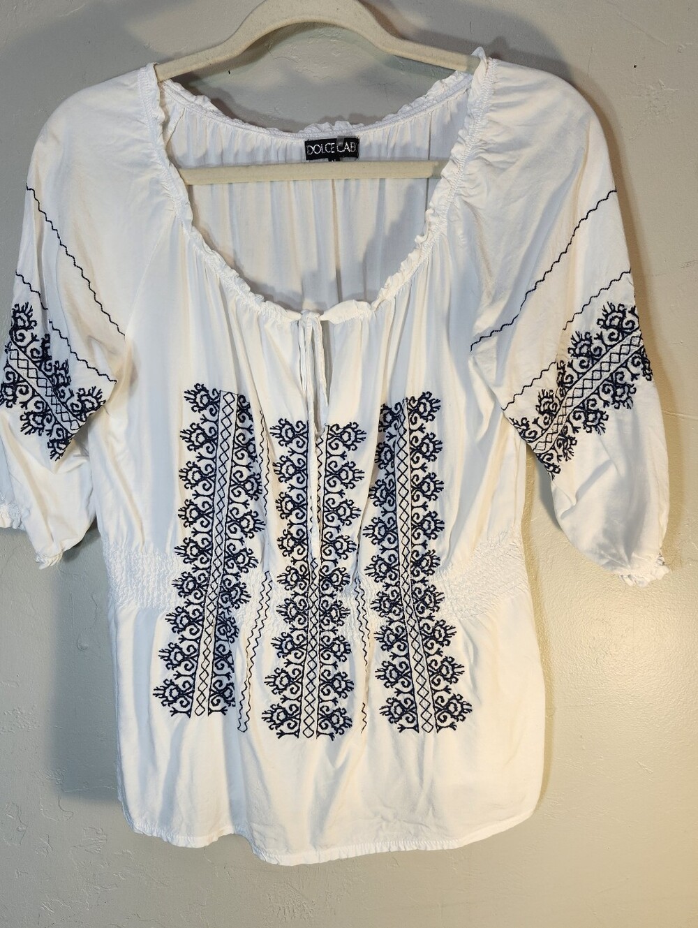 Dolce Cabo White Top with Navy Embroidery